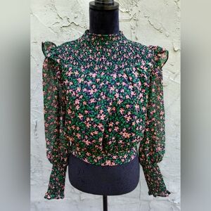 Sheer Floral Long Sleeves Smocked Blouse Top